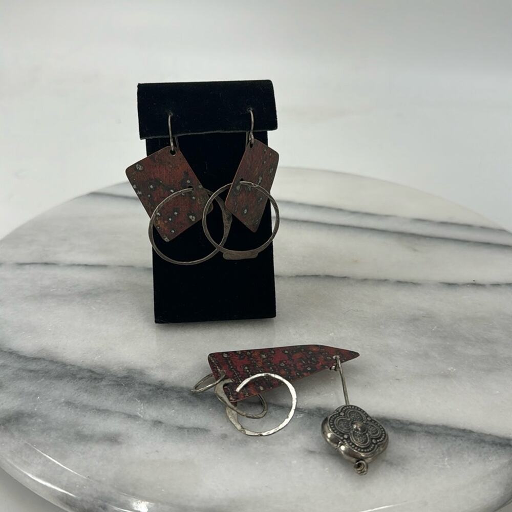 Handmade rustic modern sterling silver abstract hoop earrings and brooch